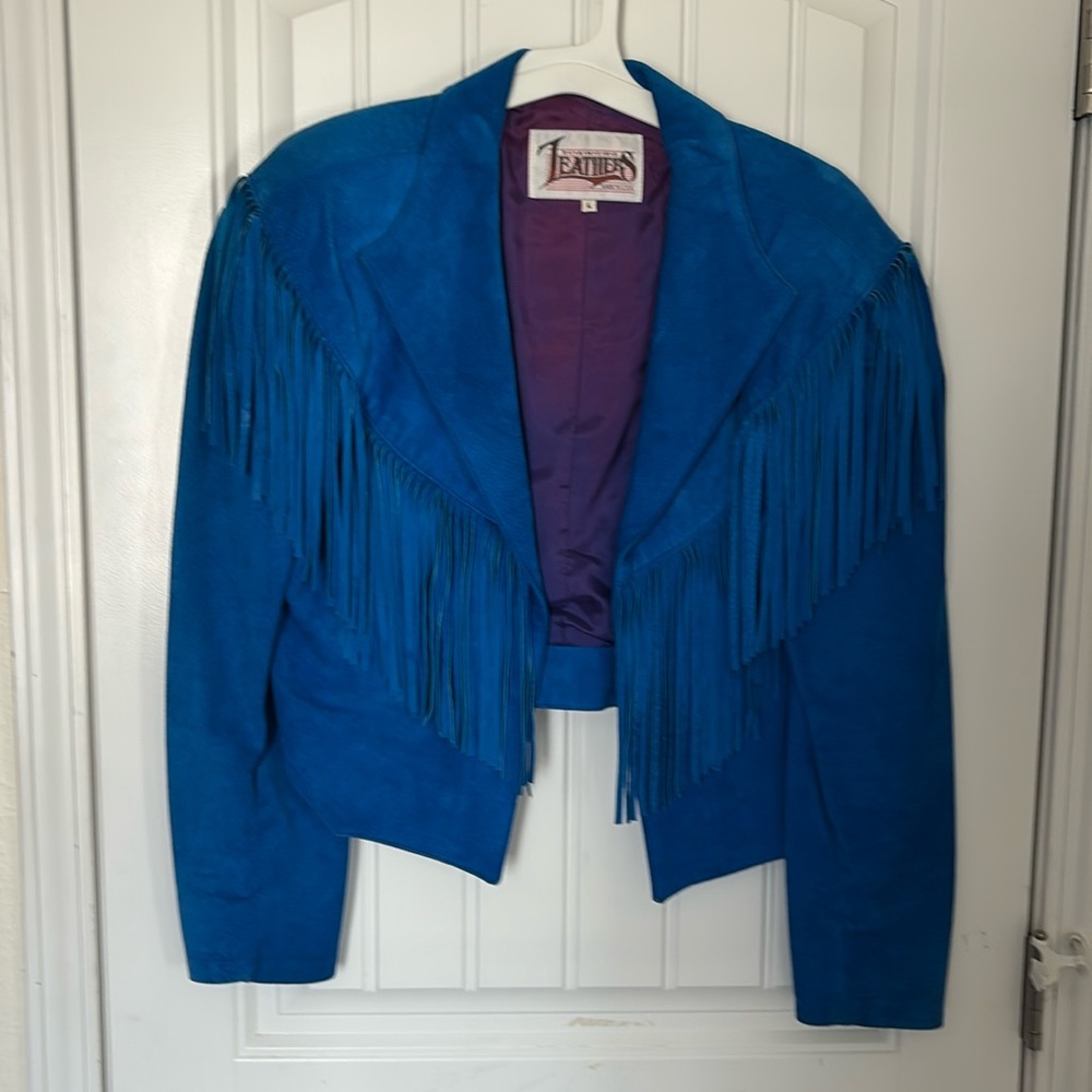 Vintage 80s Diamond Leathers USA Royal Blue Suede Leather Fringe Crop Jacket